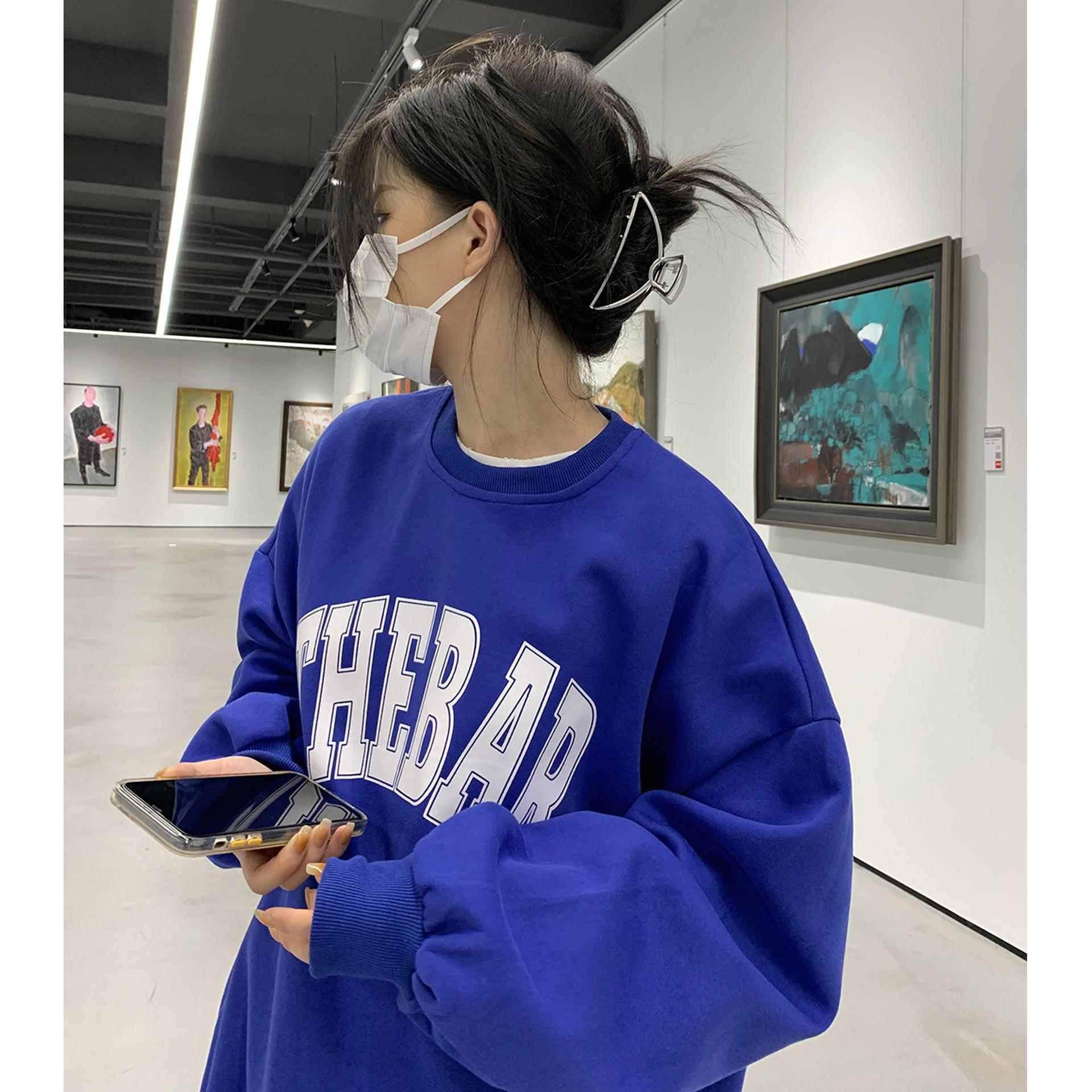 简遇luck品质女装加绒宽松休闲卫衣女秋冬外套古着圆领长袖打底衫
