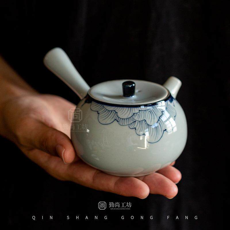 仿古手绘芙蓉花侧把壶家用陶瓷功夫茶具带球孔过滤泡茶壶小茶壶