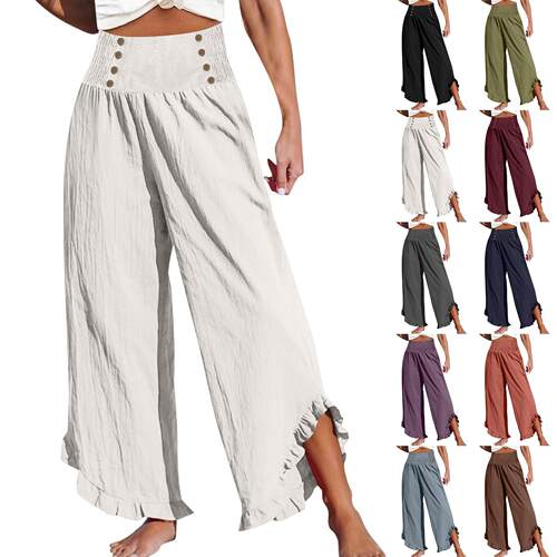 Women's elastic waistband, cotton and linen pleated pants,