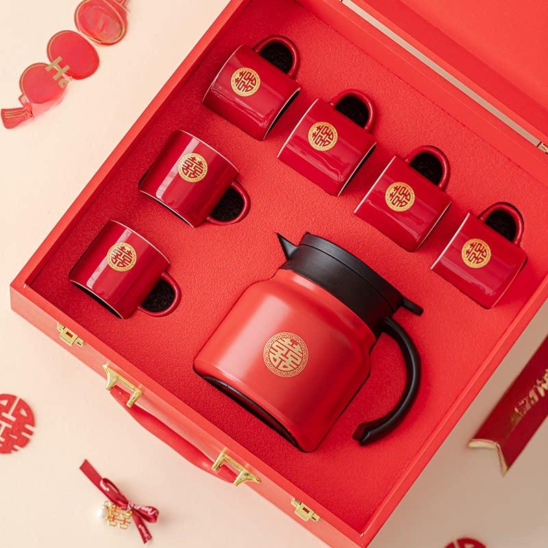 结婚红色茶具改口敬茶杯保温焖茶壶带把手水杯套装新婚礼物送新娘