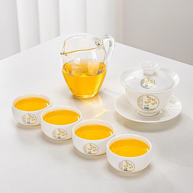 高档22年新款羊脂玉功夫茶具套装家用客5陶瓷盖0碗茶杯喝茶泡茶工
