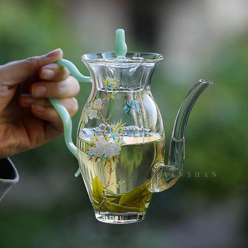 手工贴花春季绿茶器泡茶壶水仙壶高硼硅耐热玻璃花茶冷泡壶带过滤