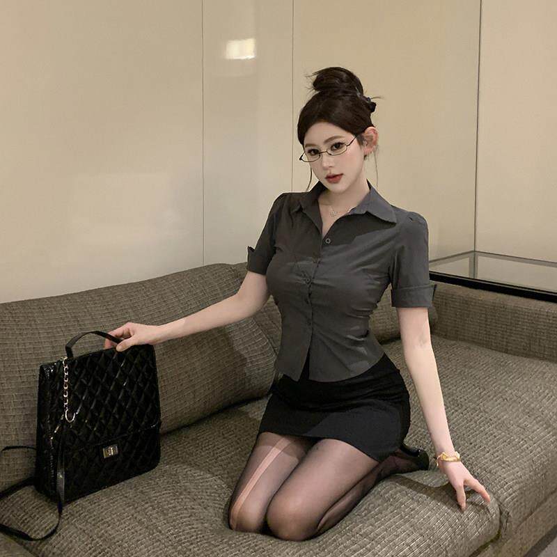 灰色收腰短袖衬衫包臀裙纯欲性感职业工作服秘书空姐制服套装女