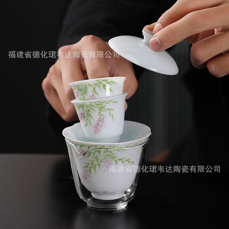 手绘紫藤花葵口小盖碗旅行茶具套装单人喝茶便携式快客杯一壶两杯