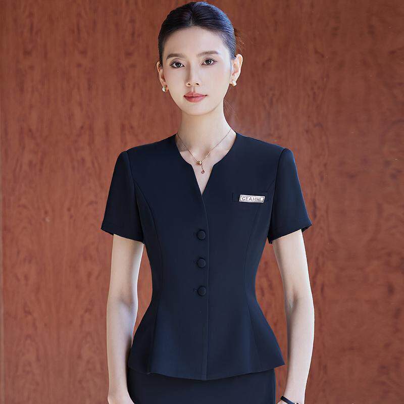深蓝色西装套装女夏季短袖酒店前台工作服珠宝店美容院高端职业装