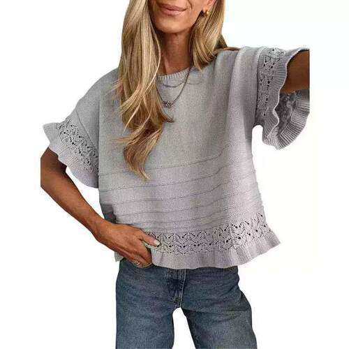 Womens Short Sleeve Sweater Round Neck Ruffled Hem Knit