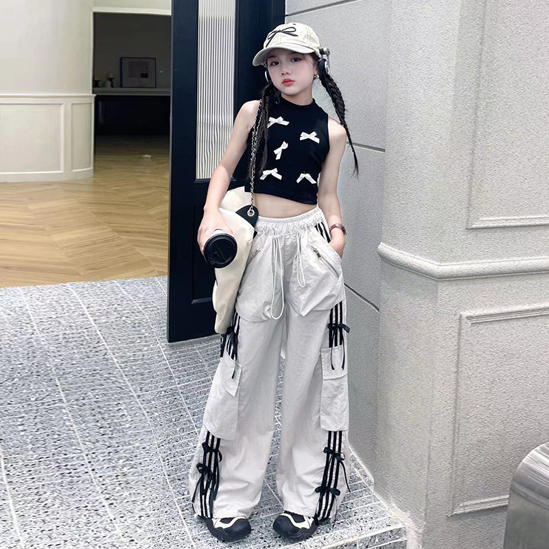 女童爵士舞夏款时髦背心外穿儿童修身短款上衣大童吊带抽绳工装裤