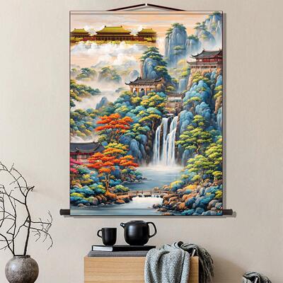 99.9cm三仙角塘口山水画仙塘背景东北殿殿拜天庭宫山水画挂画