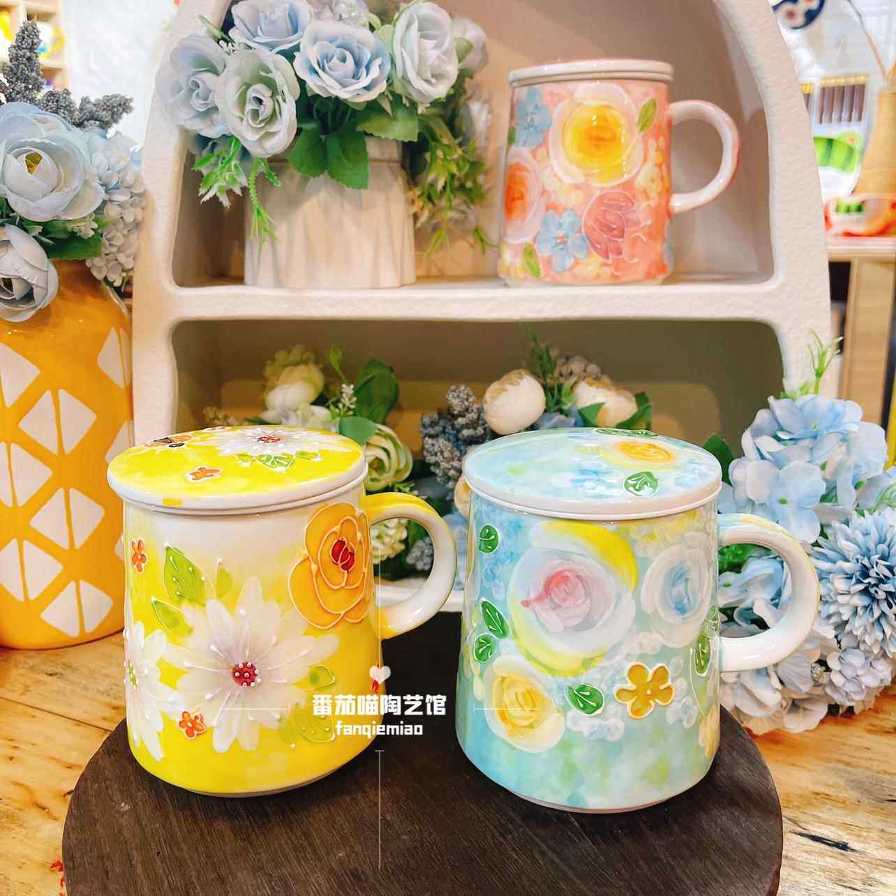 濑户烧新款手绘茶漏杯带盖子茶杯满花系列水杯果汁茶杯陶瓷釉下彩
