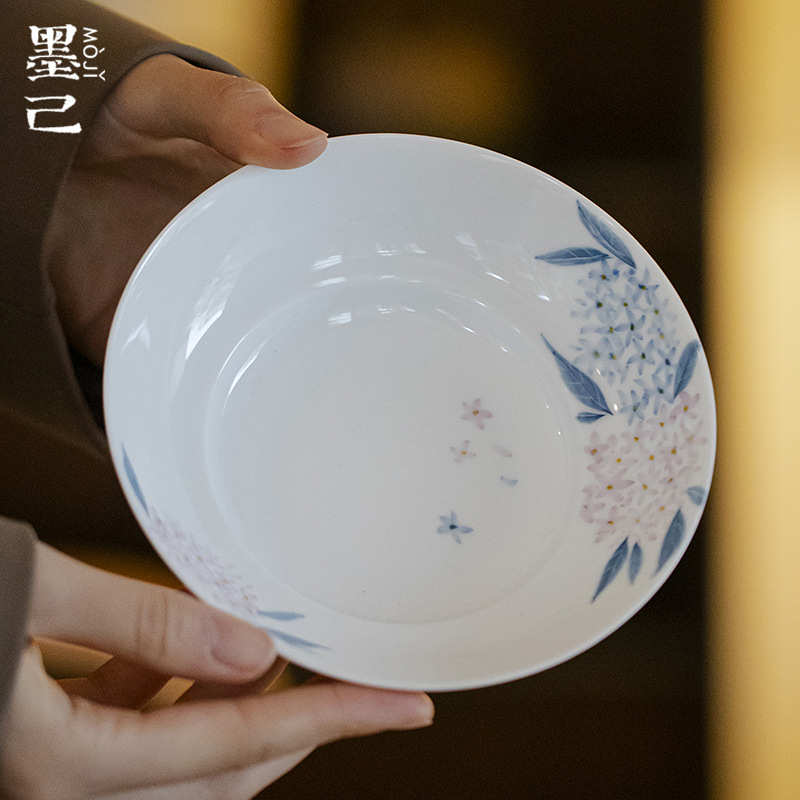 墨己玉泥白瓷手绘粉彩绣球花陶瓷壶承茶道配件团花干泡盘茶点盘