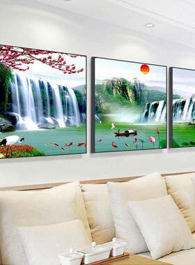 客厅装饰画三联沙发背景墙壁挂画高档冰晶玻璃流水生财山水风景画
