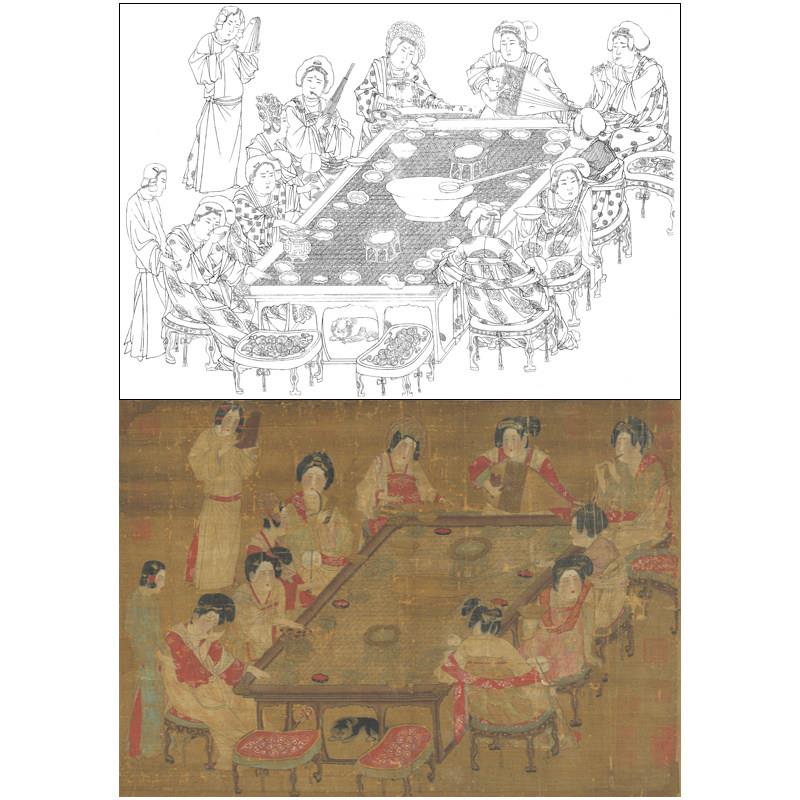 国画工笔画白描底稿横幅仕女人物宫乐图底稿线描初学者临摹稿898L