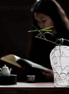 博西家居 简约圆形纹路透明水培玻璃花瓶摆件家居客厅装饰品花器