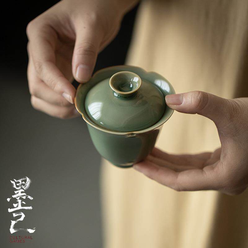 墨己 耀州窑花口盖碗 越窑青瓷高款聚香泡茶碗 花边陶瓷茶具茶碗