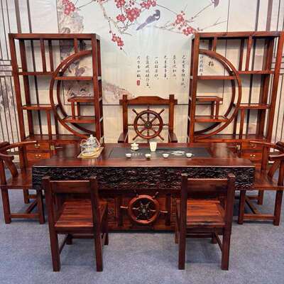 REG老实船木桌椅组合全木榫卯高档办茶公茶桌烧水泡几茶茶复古茶