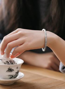 正品999纯银森系复古手男女士款潮情民族风龙年侣礼物生足银镯镯