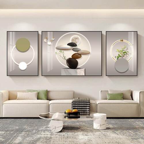 石来运转客厅装饰画现代简约沙发后面挂画大气背景墙三联壁画轻奢