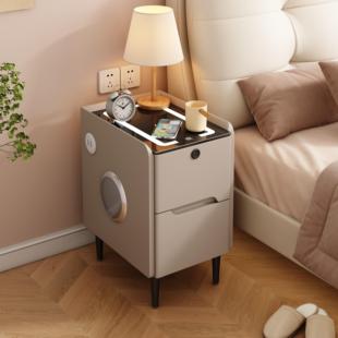 全实木岩板皮质极简约现代迷你床头柜卧室智能带锁轻奢超窄床边柜