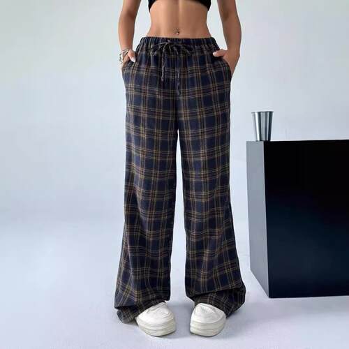 Checkered straight leg pants, long pants, women's back to