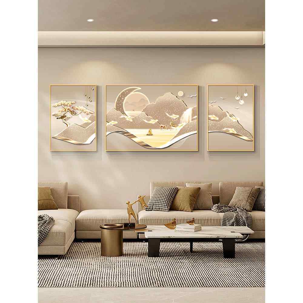 现代轻奢客厅装饰画高级感寓意好三联画沙发背景墙挂画九鱼图壁画