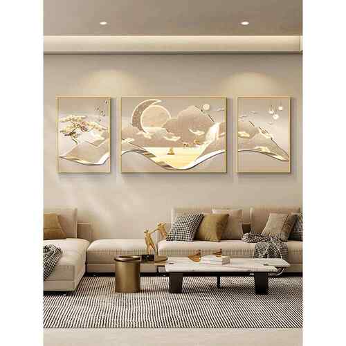 现代轻奢客厅装饰画高级感寓意好三联画沙发背景墙挂画九鱼图壁画