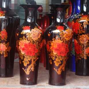 景德镇陶瓷大花瓶 创意陶瓷 水晶釉牡丹花国色天香红色落地花瓶