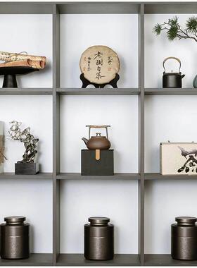 样板间茶室博古架茶盒茶袋茶饼装饰摆饰新中式茶叶罐茶柜软装摆设