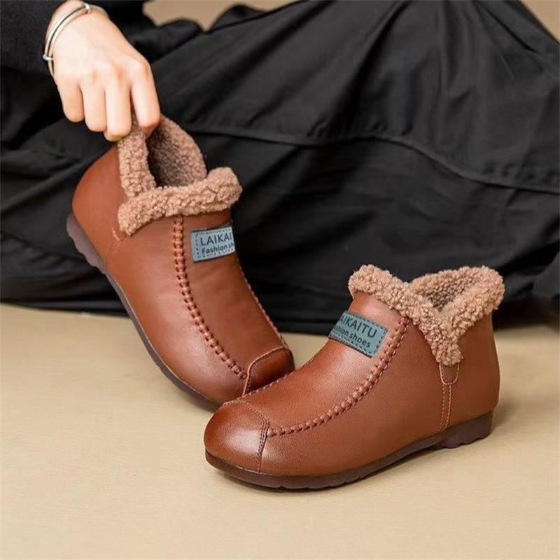 秋冬季新款软皮软底妈妈鞋棉鞋加绒皮鞋复古奶奶鞋一脚蹬防滑女鞋