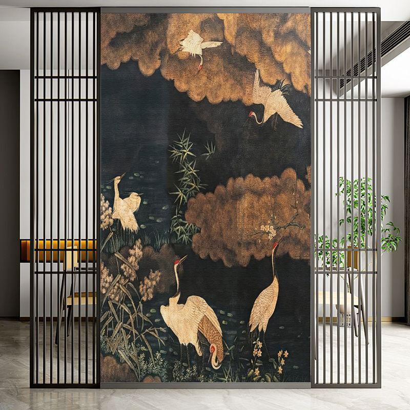法式中古风客厅玄关沙发现代南洋复古风3D新中式仙鹤3d壁画墙纸