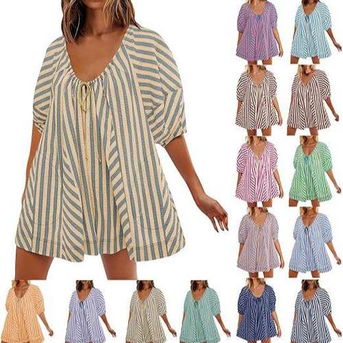 Summer Rompers for Women Striped Puff Sleeve Mini Shorts