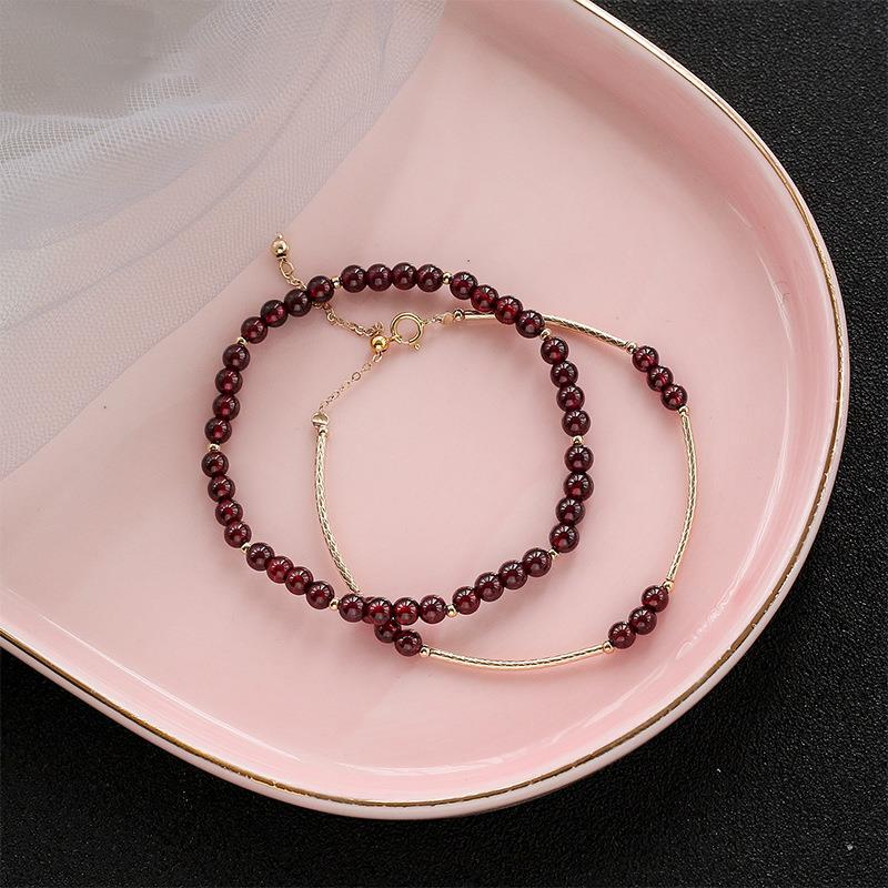 天然石榴石手串圆珠串珠饰品14k包金不褪色手链工厂