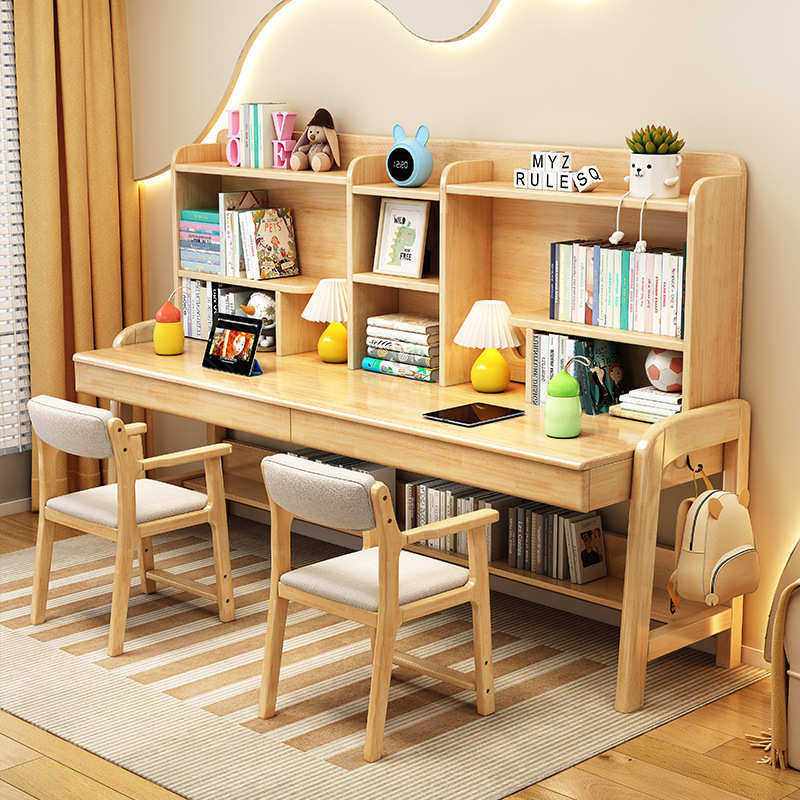 实木双人书桌书架一体组合超大电脑桌长条桌家用学生学习写字桌子,住宅家具,电脑桌,淘宝优惠券,粉丝福利购,淘宝优惠卷
