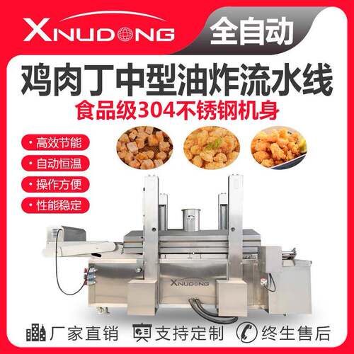 直供鸡肉丁中型油炸流水线自动油炸设备鸡肉丁油炸生产线