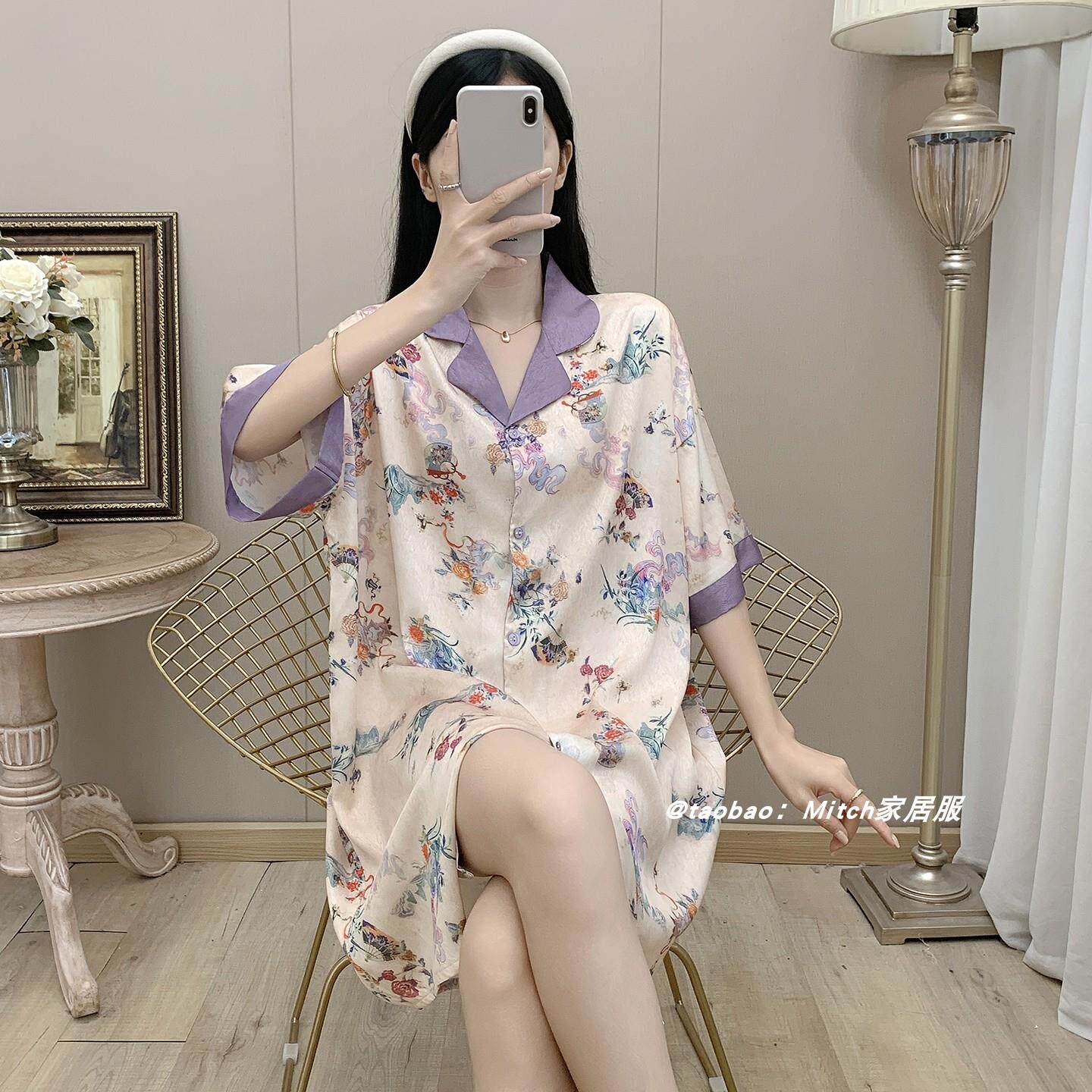 冰丝睡裙女夏季短袖薄款中长款国风衬衫裙丝绸家居服夏天睡衣裙女