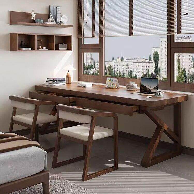 北欧全实木电脑桌双人长条桌带抽屉家用学习桌卧室简约实木办公桌