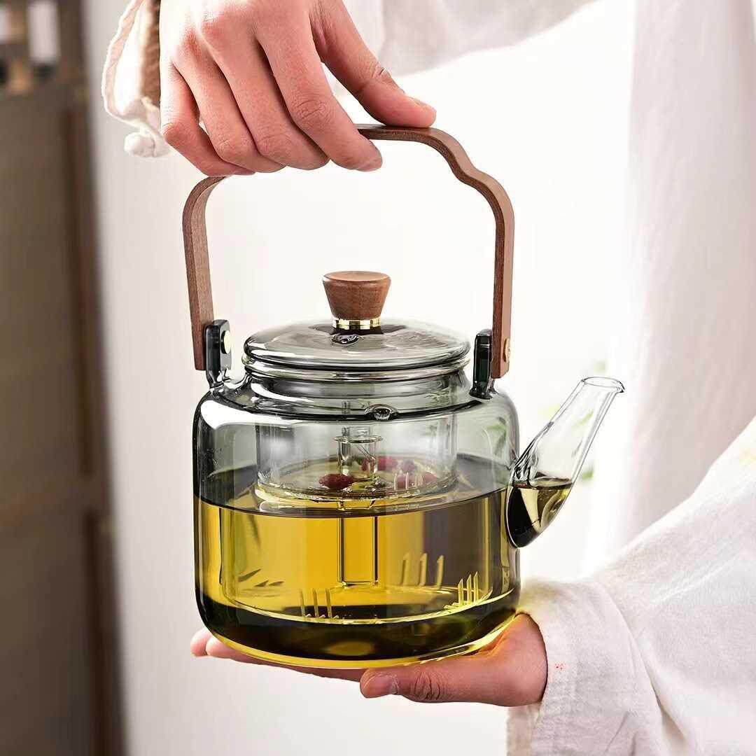透黑玻璃茶壶木把家用耐高温过滤茶水分离煮茶壶透明创意茶具套装