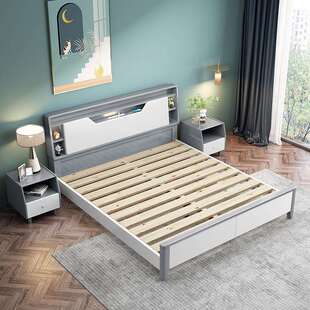 2室现代简约全实2木床1.8米双人床F02实木主卧米x米大床白色储物