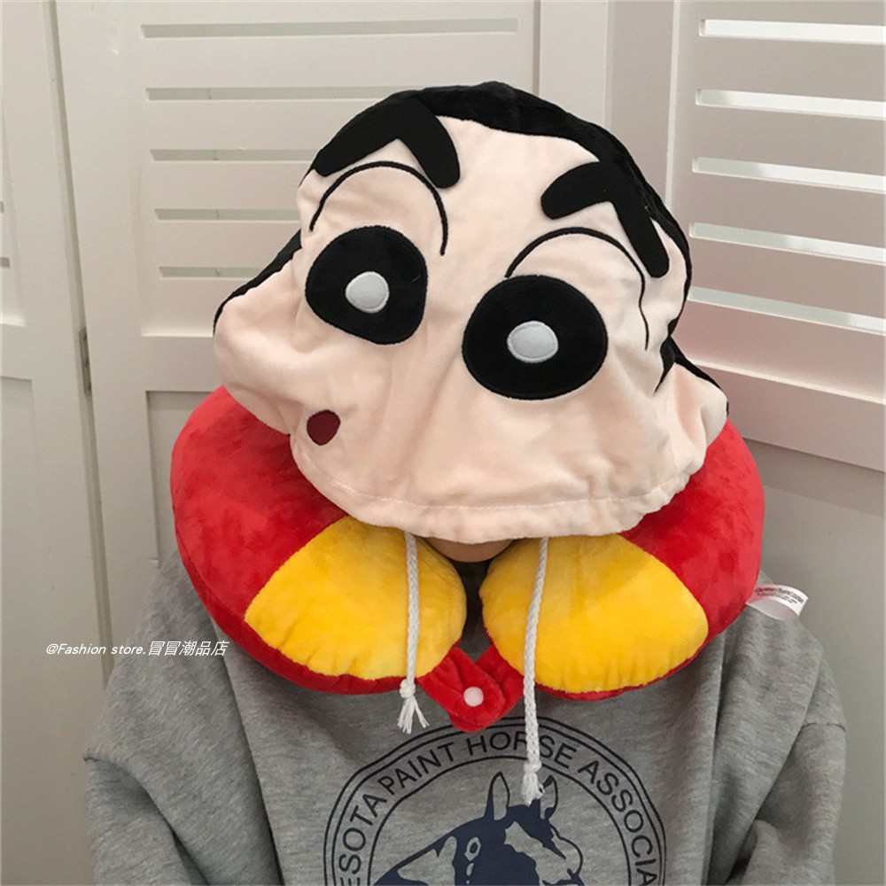 卡通可爱蜡笔小新动漫连帽U型枕护颈枕戴帽子午睡枕便携高铁旅行