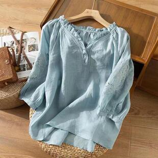 Seven quarter sleeved shirt collar slimming embroidery top