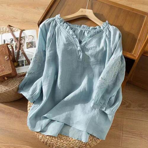 Seven quarter sleeved shirt collar slimming embroidery top