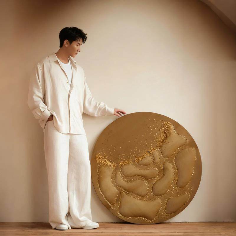 法式轻奢金色肌理感装饰画圆形餐厅挂画欧式宫廷风客厅艺术壁画