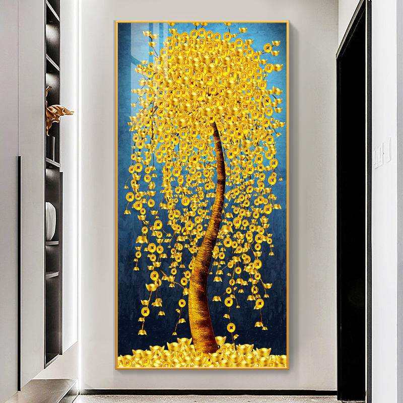 镶钻黄金满地挂画入户玄关装饰画竖版摇钱发财树走廊过道壁画大气