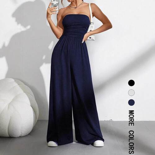 Strapless Wide Leg Jumpsuit for Women - Smocked Tube Top