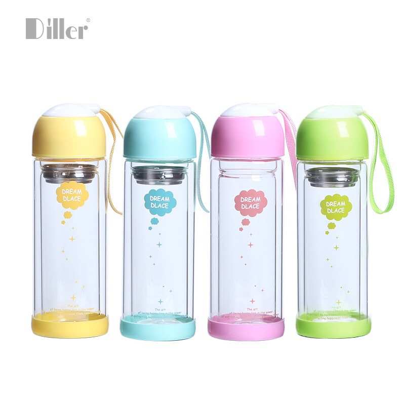 Diller 300ml时尚多用双层高硼硅玻璃杯 手提便携茶漏手杯