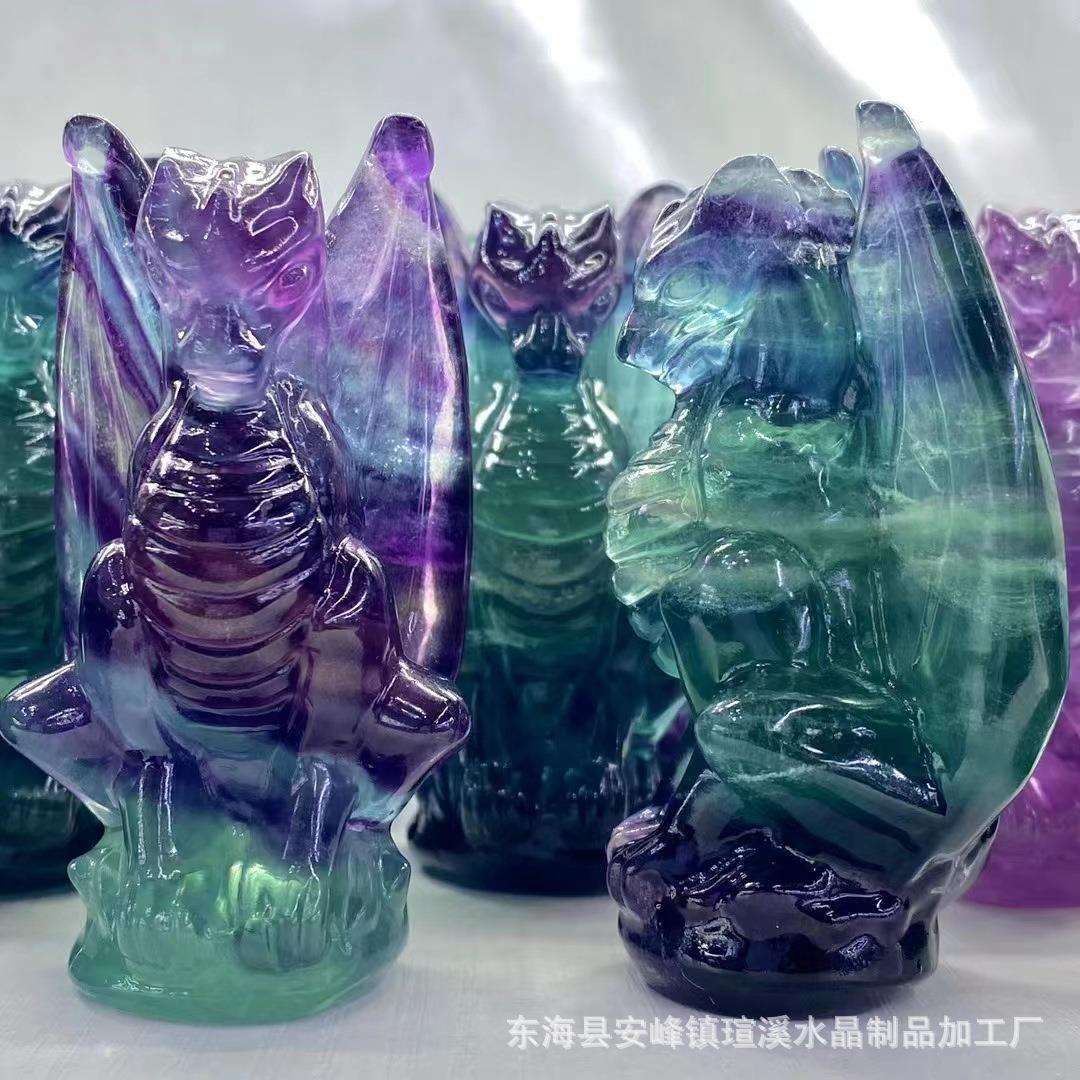 厂家水晶摆件天然七彩莹石霸王飞龙手工雕刻件家居水晶工艺品