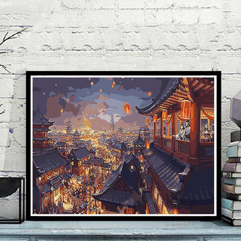 厂家DIY数字油画客厅风景建筑花填色手工绘画华灯初上孔明灯