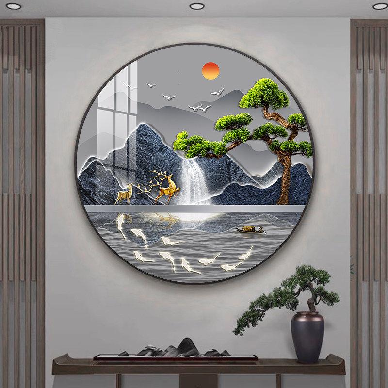 山水圆形客厅装饰画寓意好玄关柜挂画轻奢饭厅饭厅墙面高级感壁画