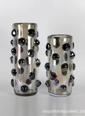 现代简约轻奢彩色蓝色黑点玻璃花器花瓶摆件样板房售楼处软装饰品