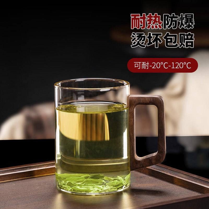 中式加厚耐热耐高温玻璃绿茶杯木柄防烫泡茶杯带把家用客厅办公室