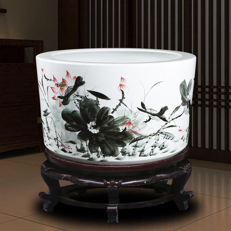 家用客厅养金鱼乌龟盆景德镇陶瓷鱼缸装饰聚宝盆风水荷花睡莲摆件